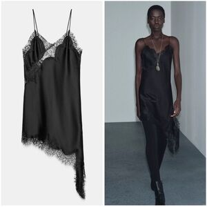 Zara Black Lace-Trim Asymmetric Satin Slip Dress